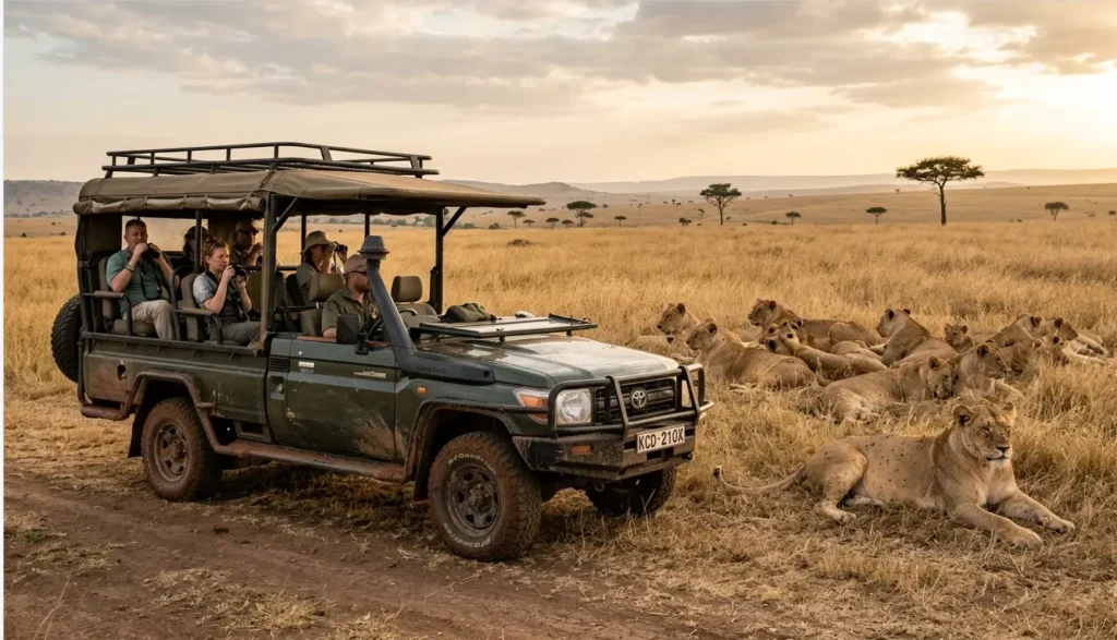 Tourists on a 4x4 self drive Safari in Masai Mara Kenya
